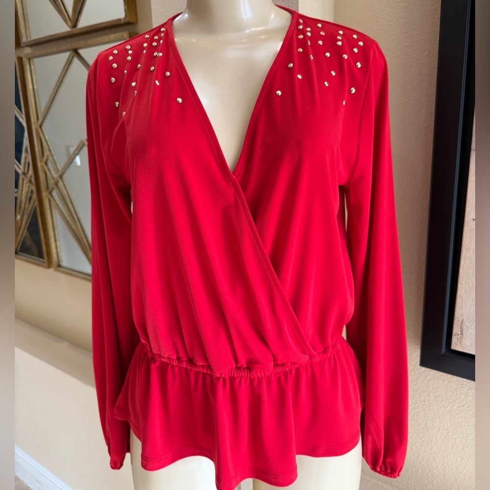 Michael Kors Crimson Red Top With Gold Rhinestones Size S. New with Tags